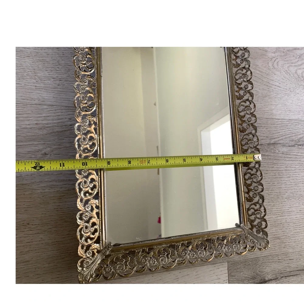 Vintage Hollywood Regency Mirrored Vanity Tray Gold Filigree Ornate Metal 13.5